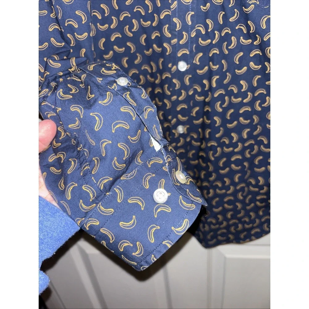 Banana Republic Men's M Shirt Navy Blue Banana Print Luxe Poplin LS Button-down